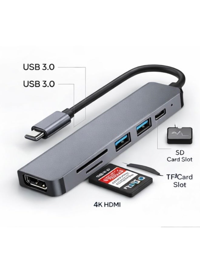 محور محول USB-C إلى HDTV 6 في 1 مع HDMI 4K، 2×USB 3.0، قارئ بطاقات SD/TF – محول متعدد المنافذ من نوع C لجهاز MacBook، الكمبيوتر المحمول و Chromebook - Image 1